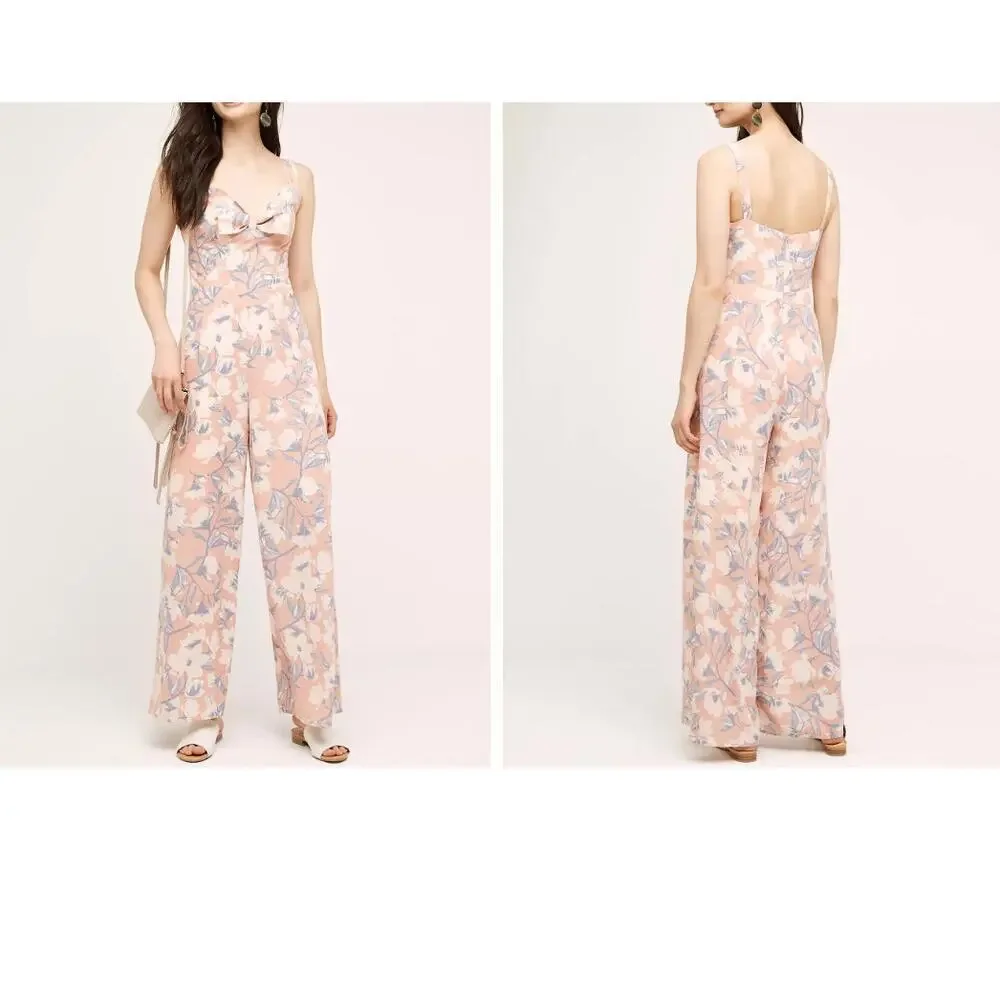 New with Tags Paper Crown Floral Wide Leg Jumpsuit Pink Blue Bow Front Large